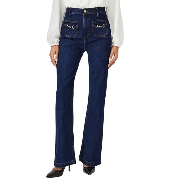 Ann Taylor High Rise Horsebit Pocket Flare Jeans in Bright - Picture 3 of 12